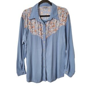 VTG Desert West by Sherry‎ Holt Western Top L Blue Cowgirl Silver Heart Buttons